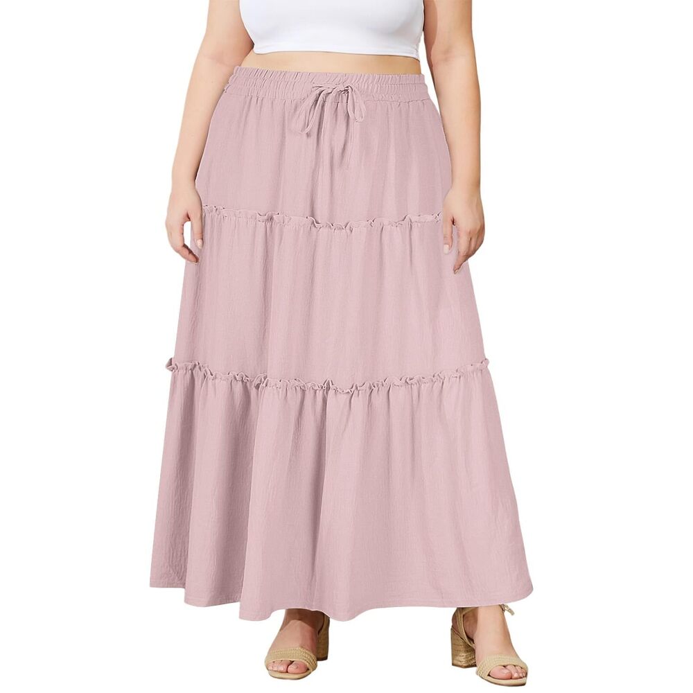 7301 Plus Size Maxi Skirt High Waisted Pleated A Line Flowy Tiered Long